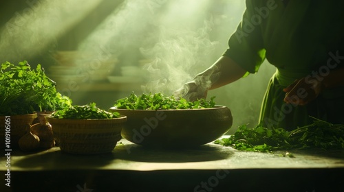 Authentic Thai Cuisine: Chef Cooking Traditional Dishes in Serene Kitchen Surrounded by Fresh Herbs and Spices, Warm Home Cooking Atmosphere, Ultra-Detailed Shot