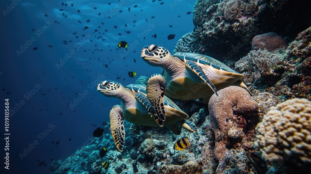 Fototapeta premium Underwater Sea Turtles Swim Through Coral Reef