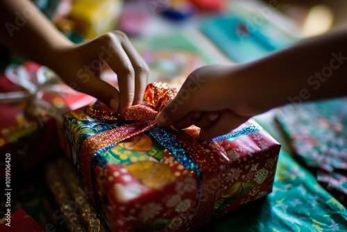 Close-up of hands wrapping Christmas gifts with colorful paper, ribbons, and bows