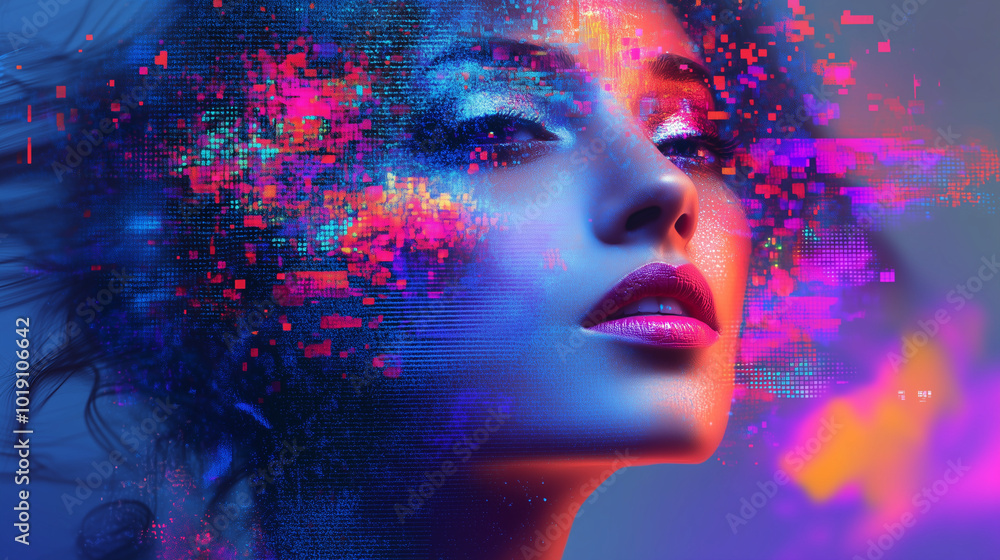 Futuristic Woman's Portrait in Glitch Art Style with Vibrant Colors Futuristic Woman's Portrait in Glitch Art Style with Vibrant Colors
