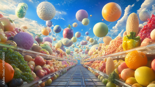 The grocery aisles stretch into infinity, with fruits floating like planets in a surreal sky photo