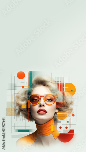 Portrait of a woman with red lipstick and large, round orange sunglasses, abstract background with geometric shapes and lines. Copy space, 9:16. 