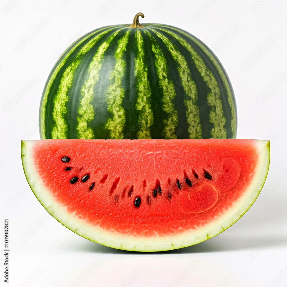 A whole watermelon and two slices, showing the red flesh and black seeds, on a white background A whole watermelon and two slices, showing the red flesh and black seeds, on a white background
