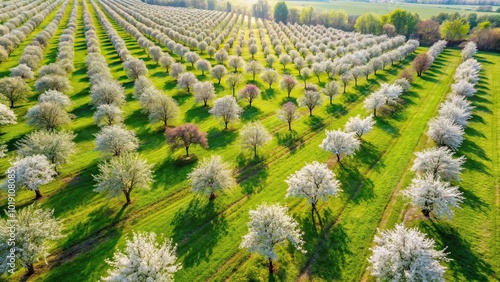 Aerial view of spring apple trees on white background