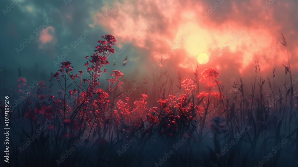 Φωτογραφία A field of flowers bathed in the warm glow of a setting sun, creating a dreamy and ethereal atmosphere