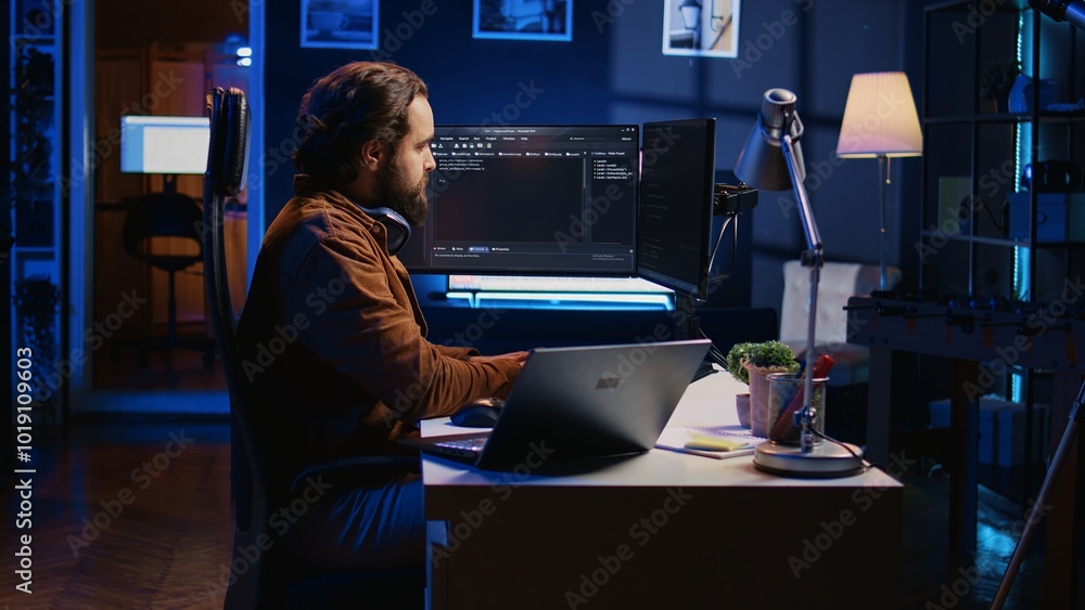 Technician typing code in neon lit personal office, using javascript programming language to develop software application. It specialist using multimonitor desktop setup to finish project, camera B Technician typing code in neon lit personal office, using javascript programming language to develop software application. It specialist using multimonitor desktop setup to finish project, camera B