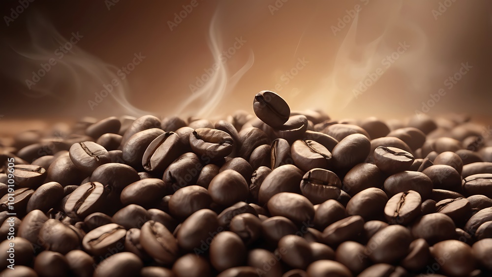 Obraz premium Aromatic Coffee Beans: A close-up shot of freshly roasted coffee beans, releasing fragrant steam, showcasing the rich texture and inviting aroma of the perfect cup.