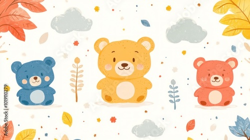 Cute bear minimalist pattern, with small bears having different colors to add variety. Showing creativity in unique and cute shapes, interesting and colorful