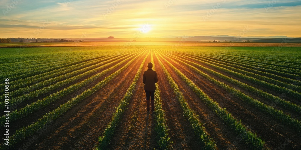A farmer standing proudly in their field at sunrise, surrounded by rows of crops A farmer standing proudly in their field at sunrise, surrounded by rows of crops