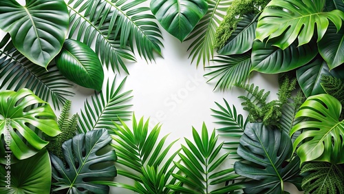 Lush green tropical plants bush monstera palm rubber plant pine and fern cut out symmetrical