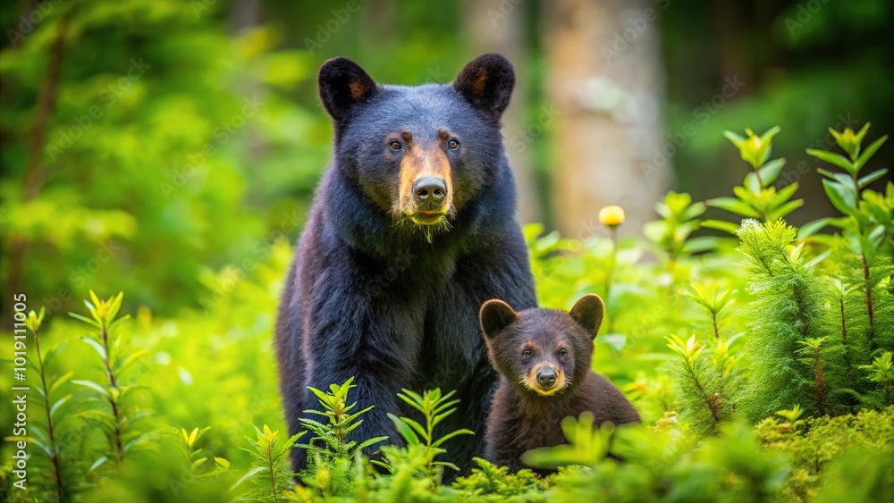 A watchful black bear mother with her cub in a lush green forest A watchful black bear mother with her cub in a lush green forest