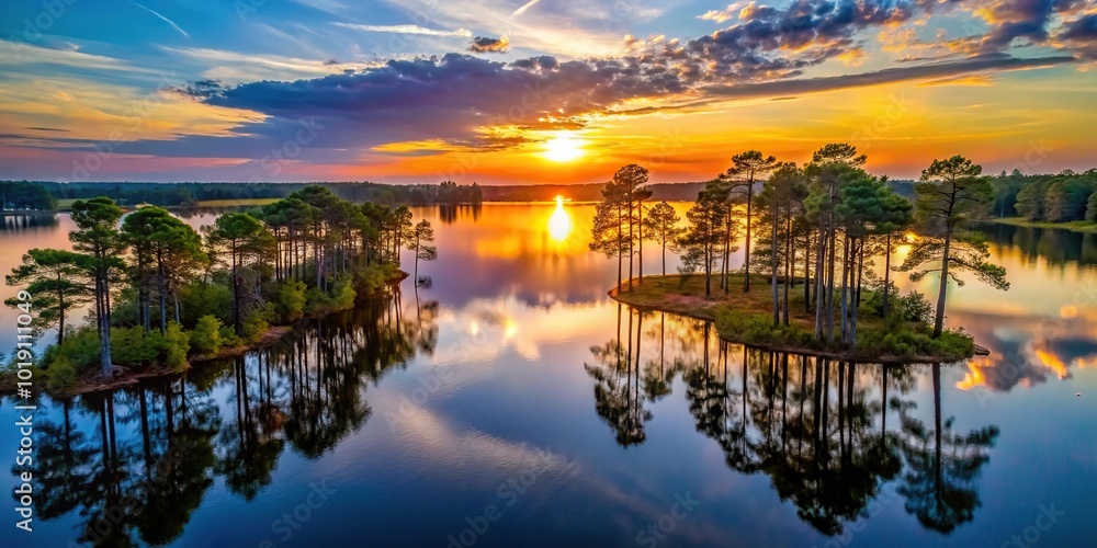 Obraz premium Aerial view of sunset behind pine trees over lake in Mississippi with reflection in water