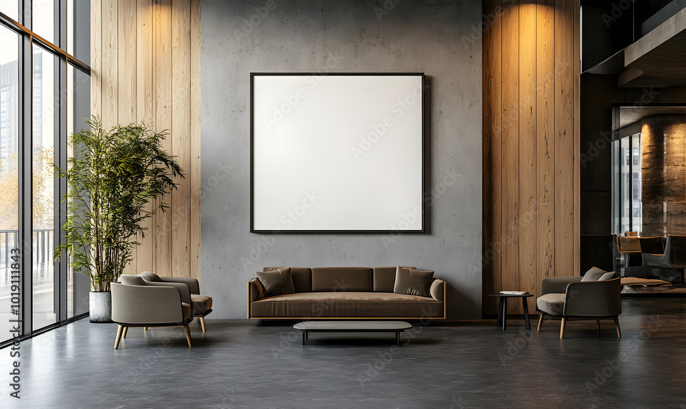 Interior of modern hotel lobby with grey and wooden walls design, tiled floor, panoramic window with blurry cityscape, and vertical mock-up poster design Interior of modern hotel lobby with grey and wooden walls design, tiled floor, panoramic window with blurry cityscape, and vertical mock-up poster design