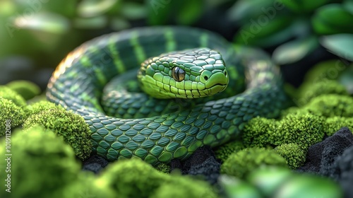 Close-up of a vibrant green snake coiled on moss, blending seamlessly with its natural surroundings.