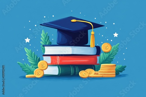 This illustration showcases elements of college tuition including a graduation cap, books, and money symbols, College tuition graduation, scholarship education, flat illustration.