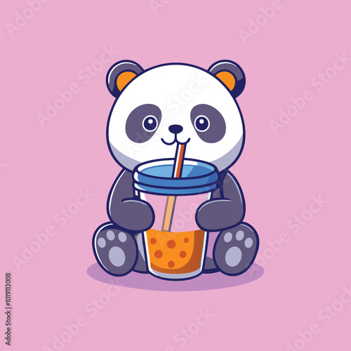 Cute Panda Cartoon Character Enjoying Bubble Tea