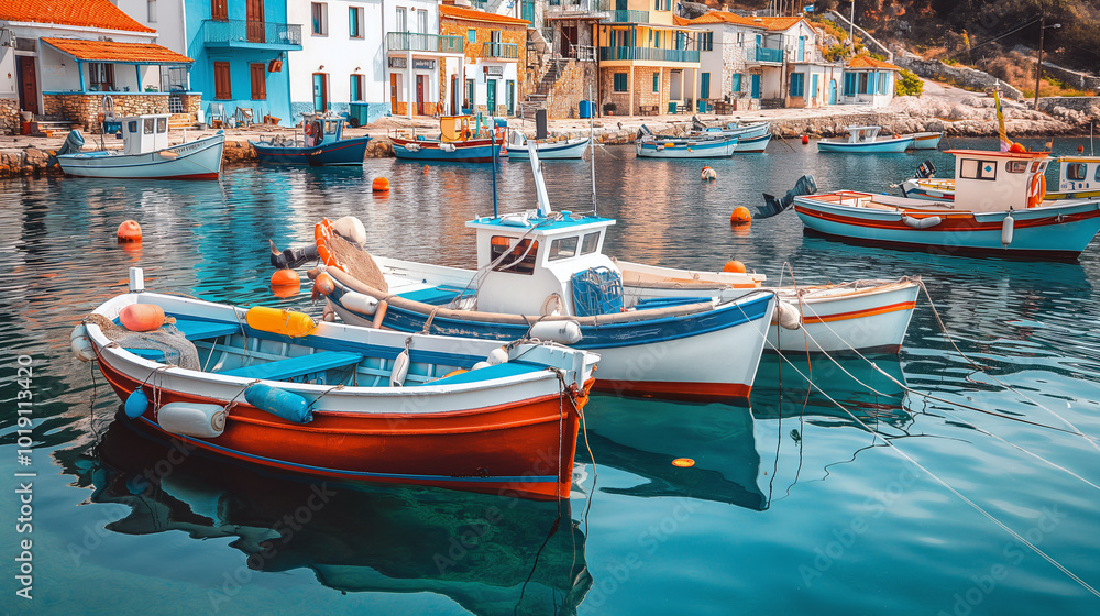 Fototapeta premium Brightly painted fishing boats rest in tranquil waters, surrounded by quaint buildings along the harbor on a sunny day - Generative AI