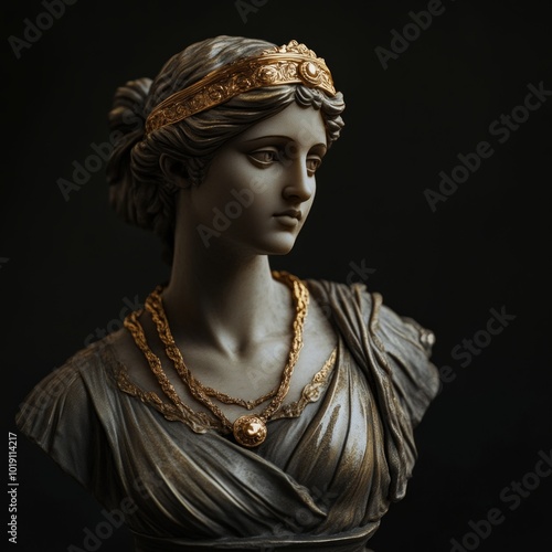 This striking statue captures the elegance and grace of classical beauty. The intricately detailed bust showcases rich textures and a sense of timeless sophistication. Ideal for art lovers. AI