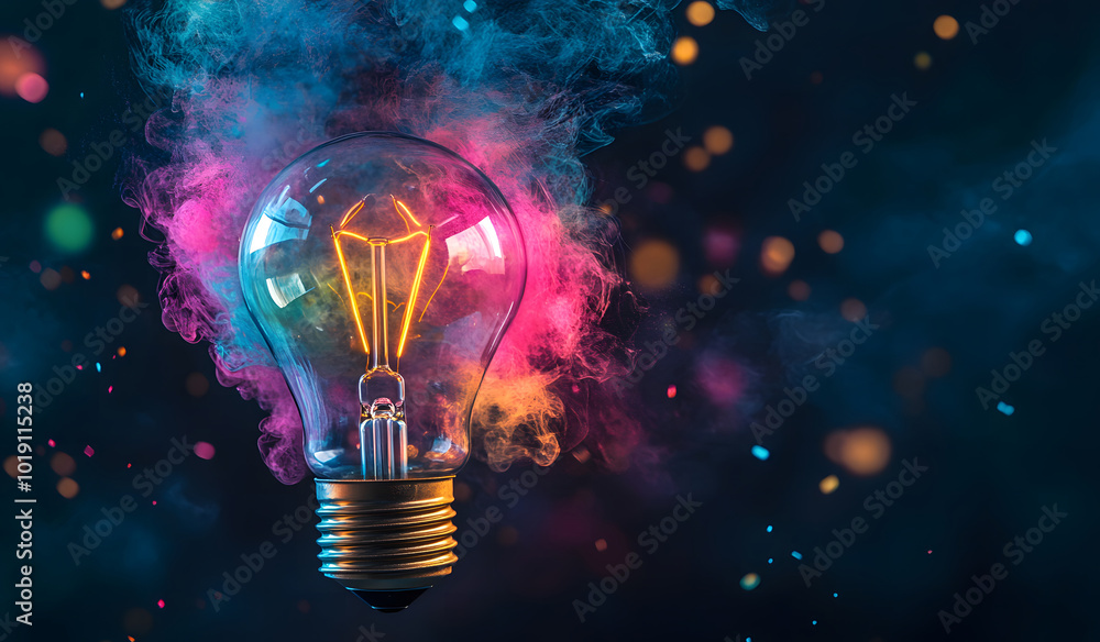 Incandescent light bulb with colorful smoke on a black background design Incandescent light bulb with colorful smoke on a black background design