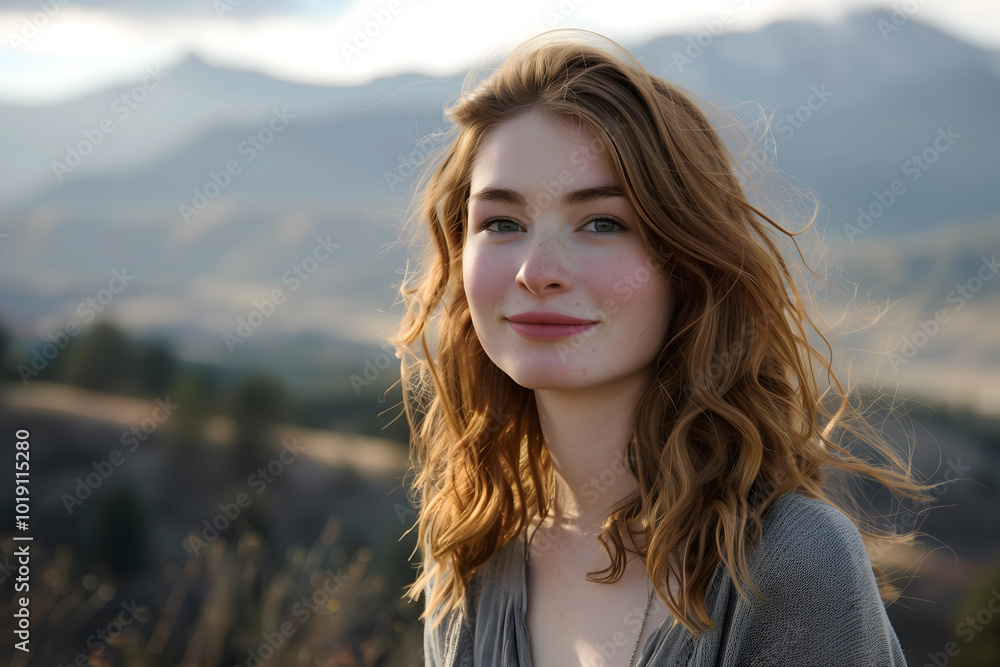 Portrait of young woman against mountains. High quality photo Portrait of young woman against mountains. High quality photo