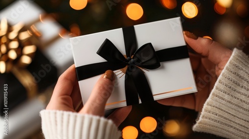 A woman's hands hold a beautifully wrapped white gift box with a black bow. The background is a festive blur of bokeh lights.