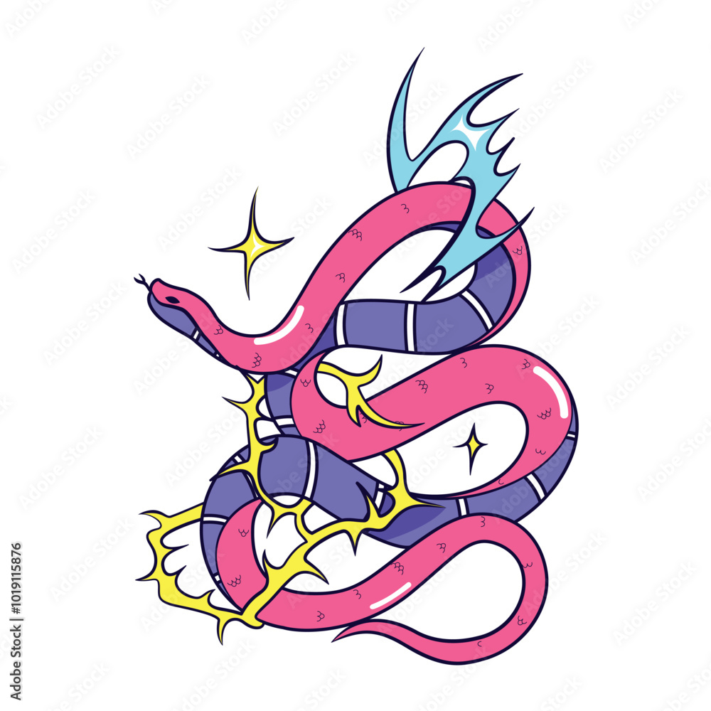 Naklejka premium Vector Y2k Snake Neon Tribal Cartoon Illustration Isolated