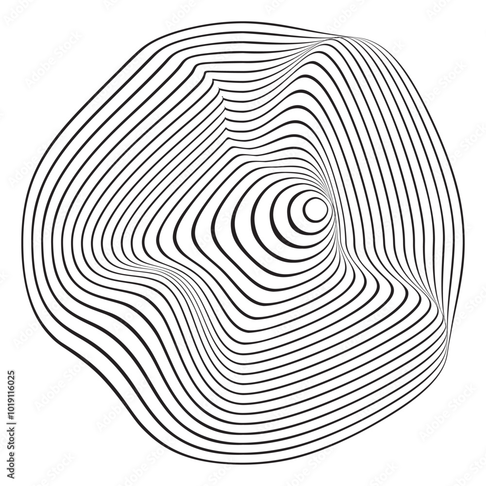 Curvy concentric circles. Topo map or wood texture. Pulse, noise or ripple icon isolated on white background. Synthwave sign. Dynamic, motion or signal symbol. Trendy cyber shape. Vector illustration Curvy concentric circles. Topo map or wood texture. Pulse, noise or ripple icon isolated on white background. Synthwave sign. Dynamic, motion or signal symbol. Trendy cyber shape. Vector illustration