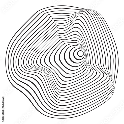 Curvy concentric circles. Topo map or wood texture. Pulse, noise or ripple icon isolated on white background. Synthwave sign. Dynamic, motion or signal symbol. Trendy cyber shape. Vector illustration