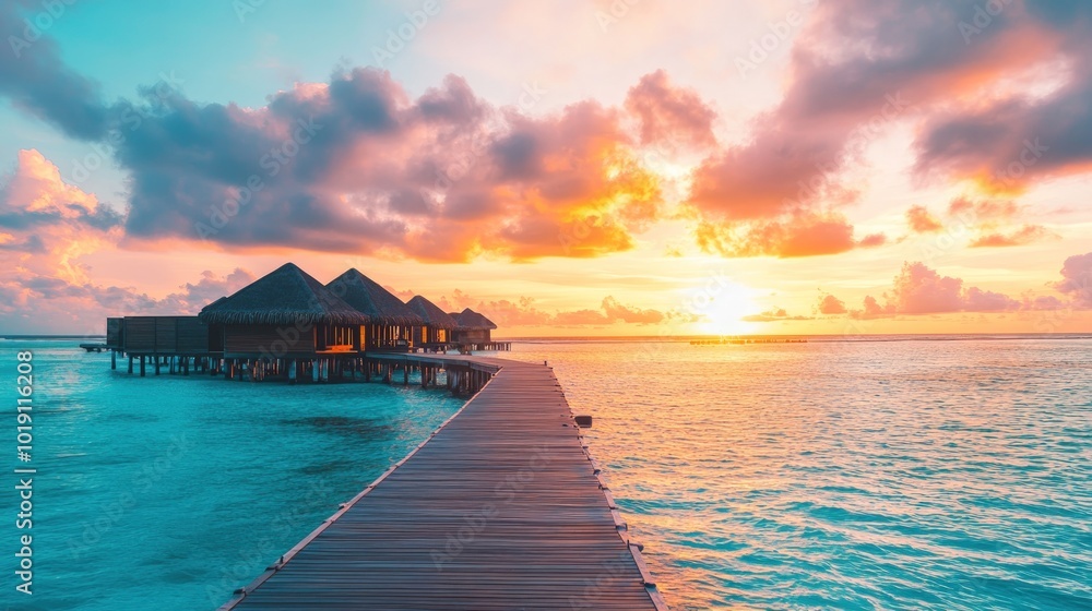 Obraz premium A wooden walkway leads to overwater bungalows with a stunning sunset in the background.
