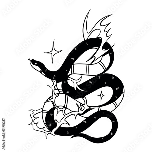 Vector Y2k Tattoo Snake Neon Tribal Cartoon Illustration Isolated