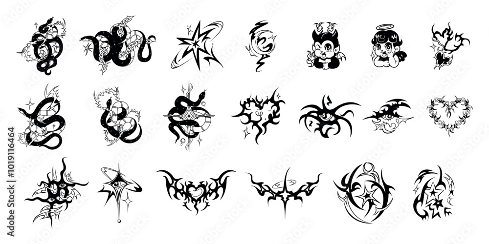Fototapeta premium Vector Y2k Retro Tattoo Tribal Cartoon Set Illustration Isolated