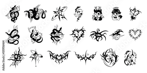 Vector Y2k Retro Tattoo Tribal Cartoon Set Illustration Isolated