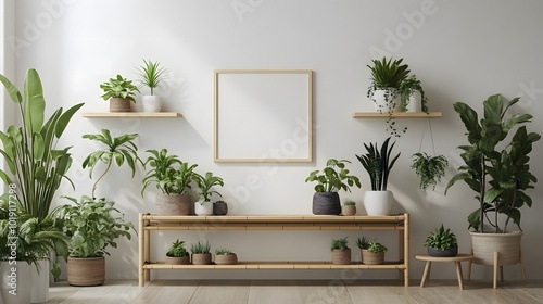 Scandinavian room interior with mock up photo frame on the brown bamboo shelf with beautiful plants in differents hipster and design pots. White walls. Modern and floral concept of shelfs. photo