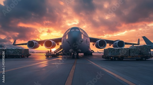 Military plane at the airport at sunset with cargo next to it, humanitarian aid or ammunition delivery
