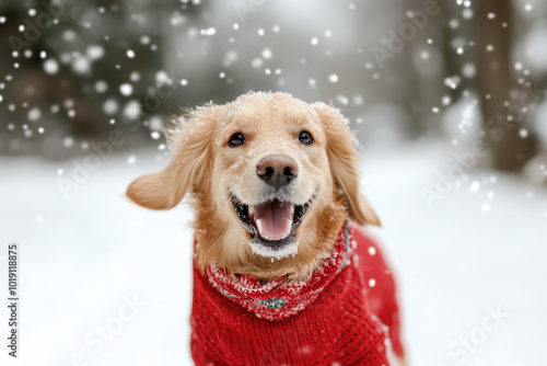 Golden Retriever Enjoying Snowfall in Cute Red Sweater