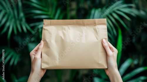 Woman's hands holding paper bag on green fern leaves background with space for text or logo, eco paper bag in woman's hands close up
 photo