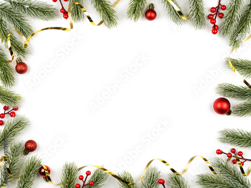 christmas frame fir and balls on white