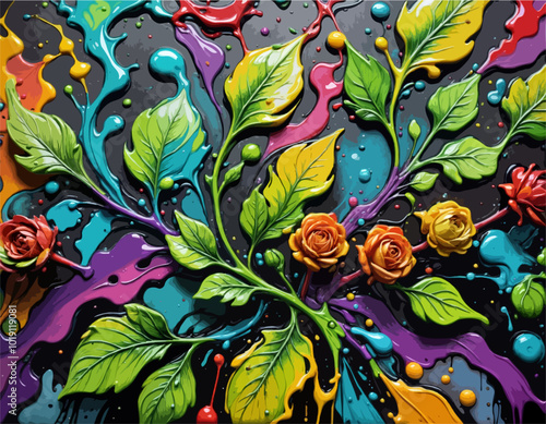 Unique Water Oil and Alcohol Ink Combination Vector - Surreal Realism Effect of Flourishing Colorful Flowers in Nature