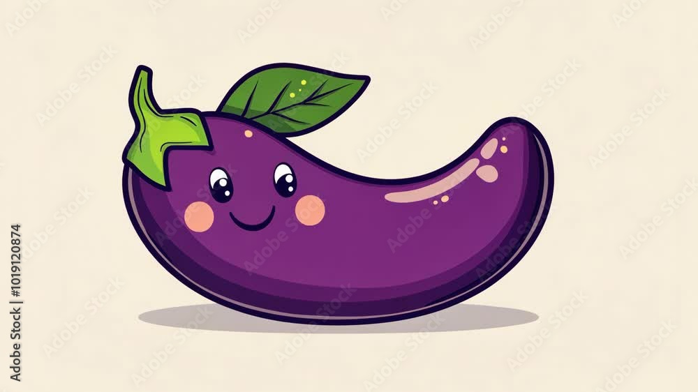 A happy eggplant with a green stem and leaves smiles for the camera A happy eggplant with a green stem and leaves smiles for the camera