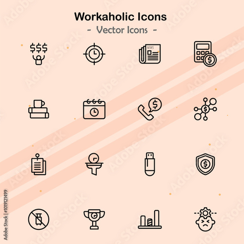 Icons representing the lifestyle of workaholics and their habits.