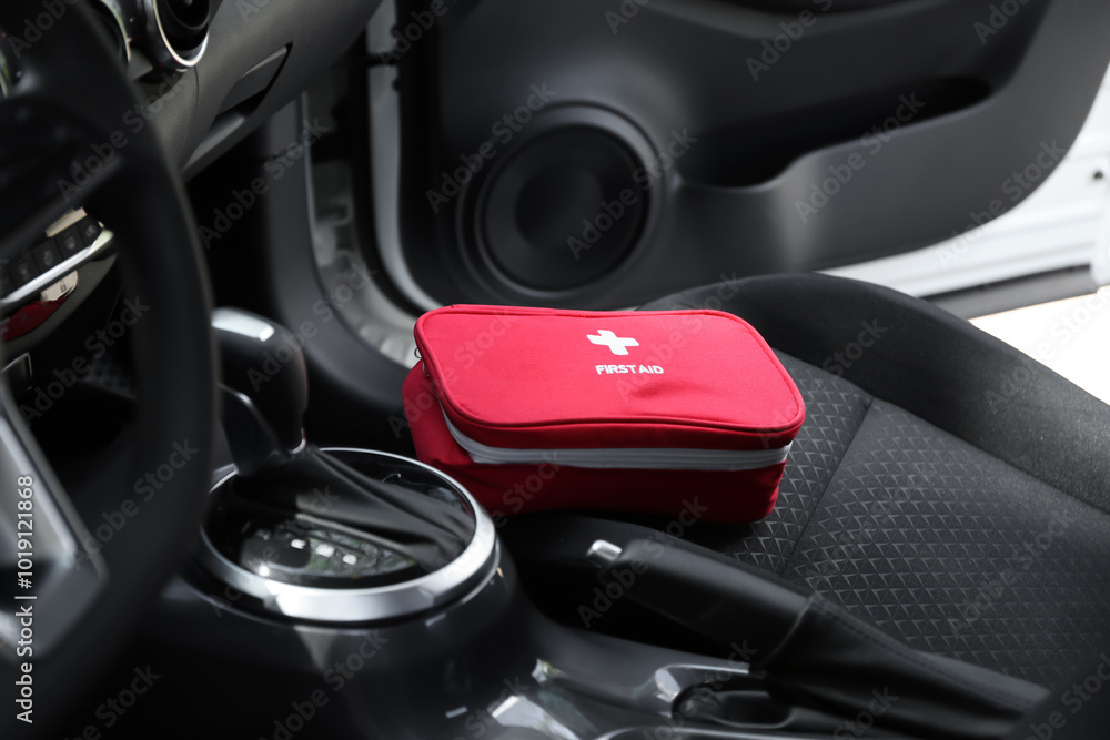 First aid kit on seat in car First aid kit on seat in car