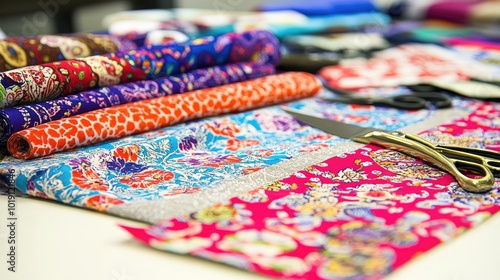 Colorful Fabric Rolls and Crafting Tools on Table photo