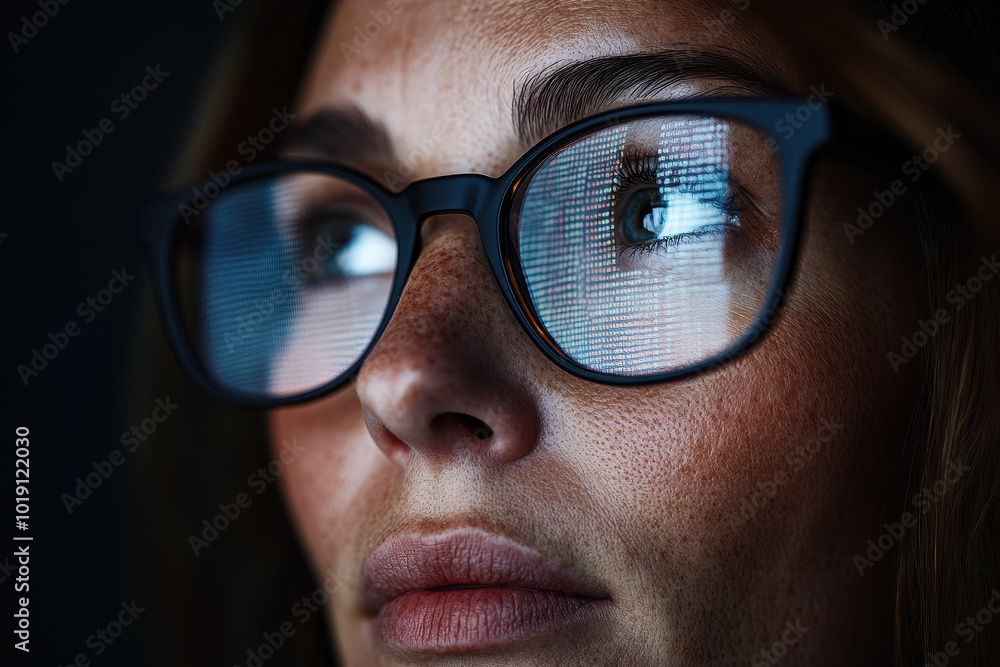 Close-Up of Woman's Glasses Reflecting Digital Screen in a High-Tech Environment Close-Up of Woman's Glasses Reflecting Digital Screen in a High-Tech Environment