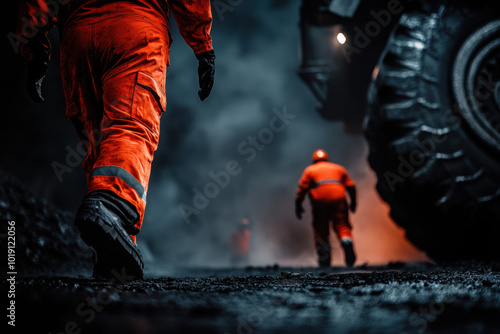 Dynamic Scene of Construction Workers at a Gritty Industrial Site with Heavy Equipment