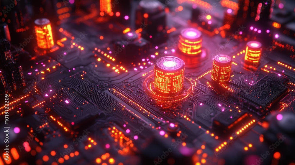 A glowing futuristic circuit board with illuminated components, symbolizing advanced digital technology and data processing systems. A glowing futuristic circuit board with illuminated components, symbolizing advanced digital technology and data processing systems.