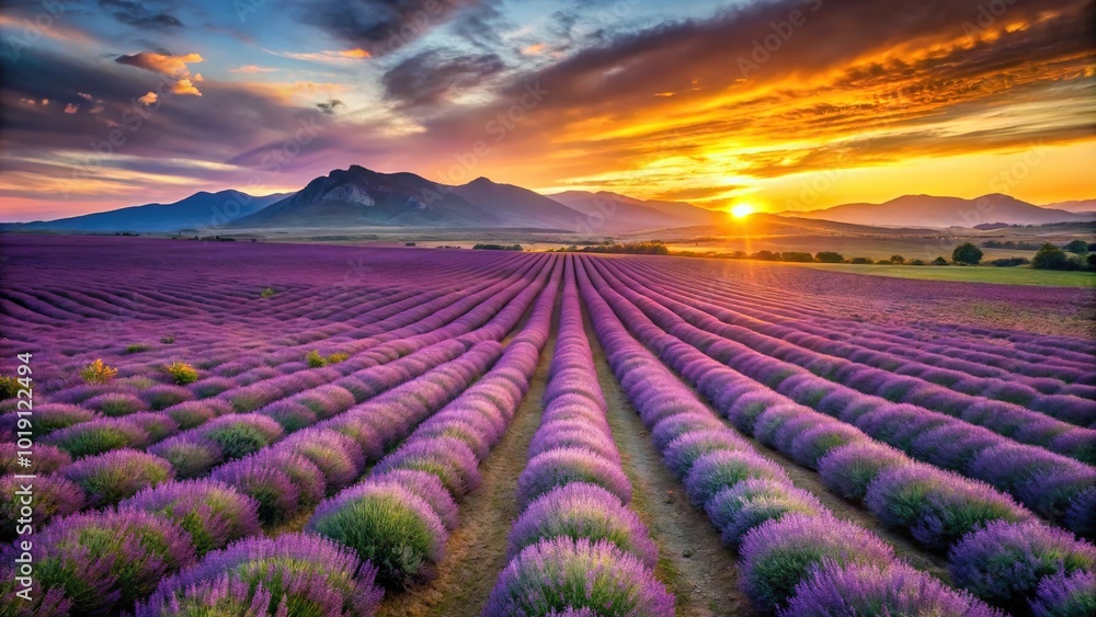 Aerial view of wild lavender fields at sunset over a mountain range Aerial view of wild lavender fields at sunset over a mountain range