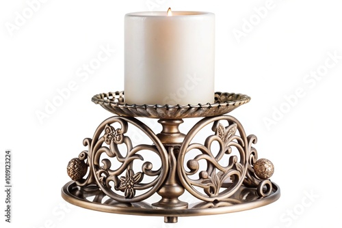 Macro elegant candle holder with intricate details isolated on white background photo