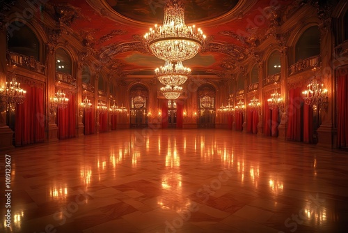 opulent vintageinspired ballroom with crystal chandeliers gilded mirrors and plush red velvet curtains soft candlelight casts a warm glow on ornate wall moldings and polished marble floors