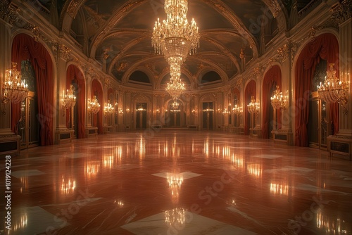 Obraz na płótnie opulent vintageinspired ballroom with crystal chandeliers gilded mirrors and plush red velvet curtains soft candlelight casts a warm glow on ornate wall moldings and polished marble floors w salonie