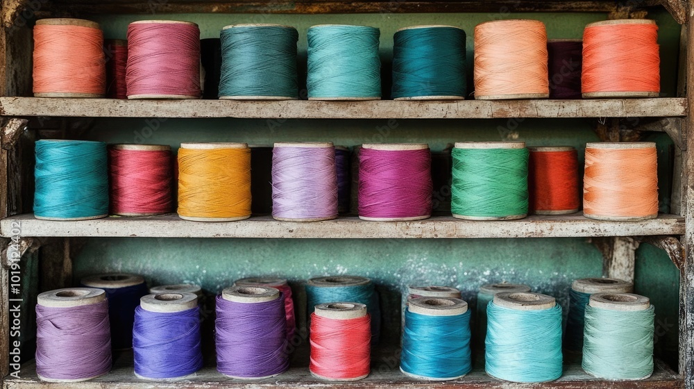 Colorful Threads on Wooden Shelves Colorful Threads on Wooden Shelves